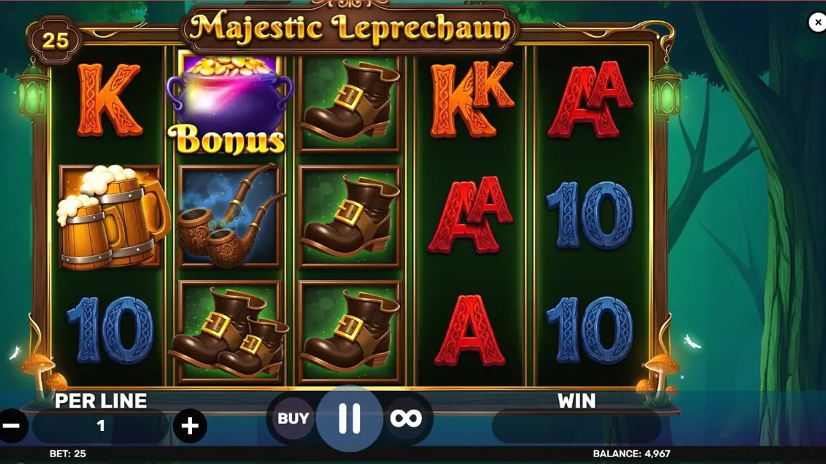 Tampilan visual slot Majestic Leprechaun dengan tema Irlandia dan leprechaun.
