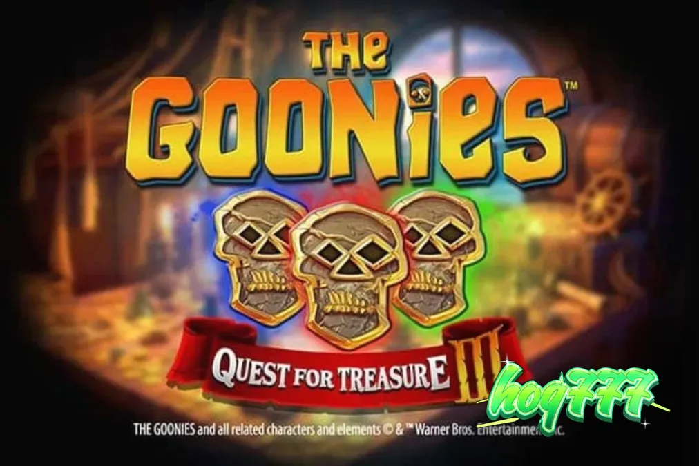 Tampilan layar permainan slot The Goonies Quest for Treasure 3 dengan karakter film dan simbol harta karun.